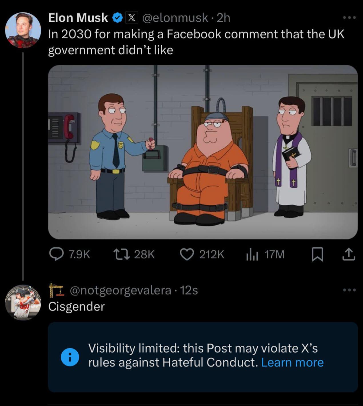 elon musk tweet uk - Elon Musk X . 2h In 2030 for making a Facebook comment that the Uk government didn't L3 28K 17M 12s Cisgender Visibility limited this Post may violate X's rules against Hateful Conduct. Learn more 600